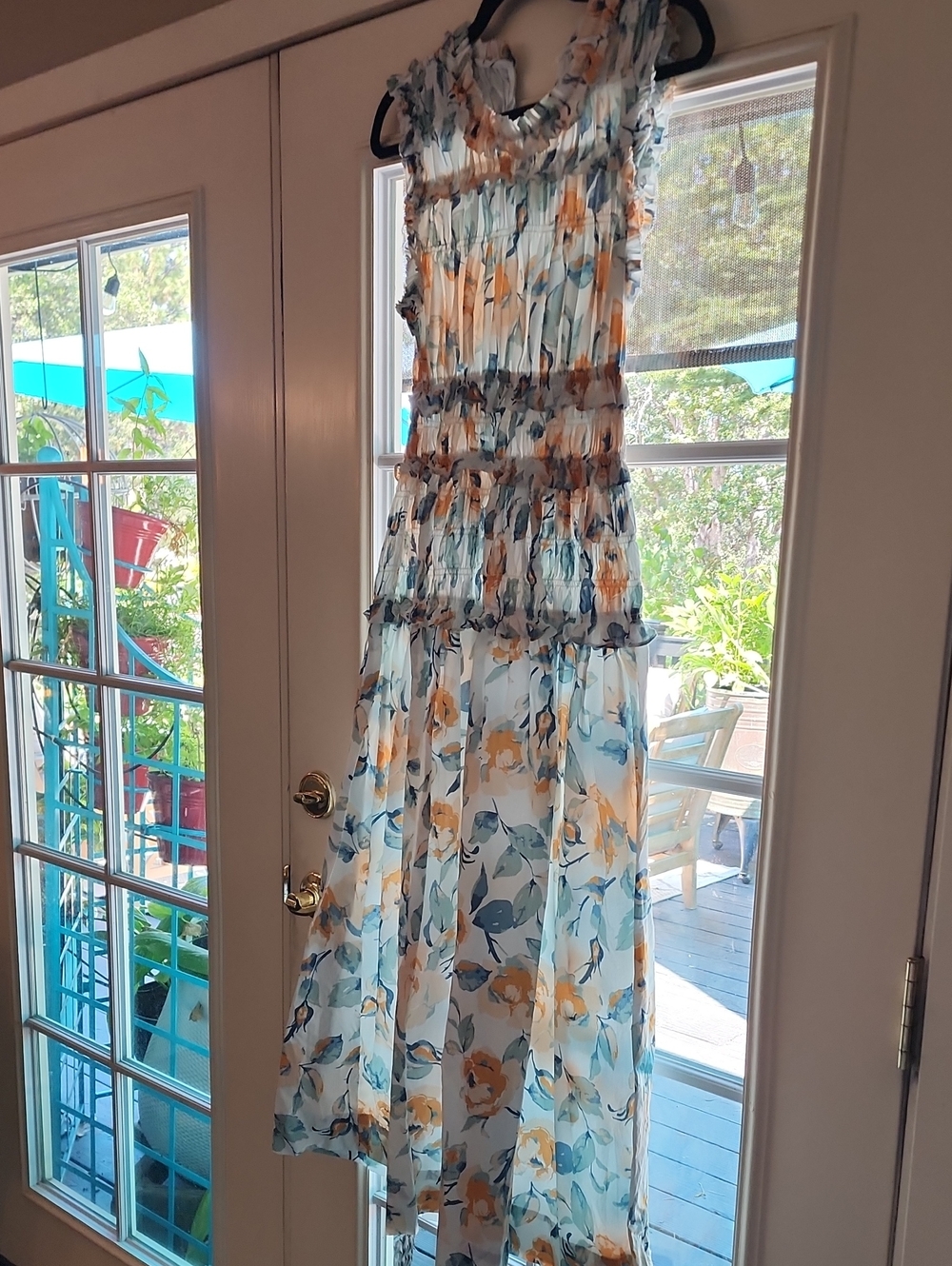 Floral Blue and Yellow  Maxi Dress - Lightweight Summer Smocked